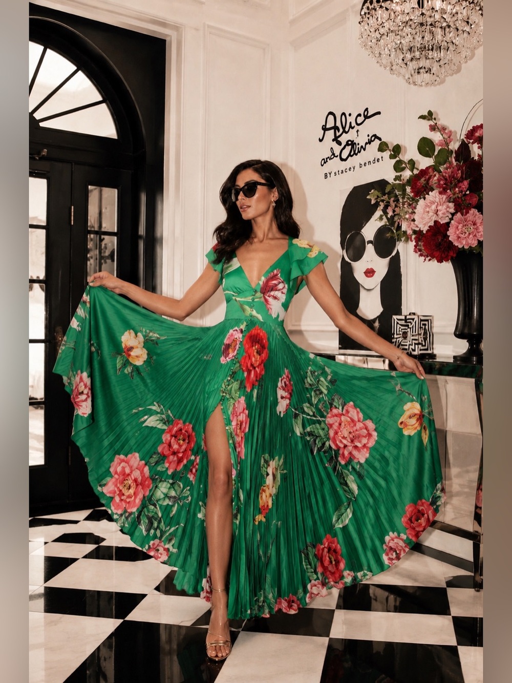 Alice + Olivia Sion Green Floral Pleated Maxi Dress | $895